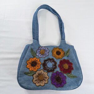 VTG Blue Denim Floral Sunflower Embroidered Colorful Shoulder Bag